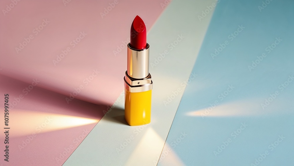 A red lipstick placed on a gradient pastel background A red lipstick placed on a gradient pastel background