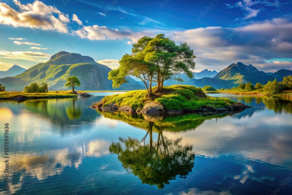 Obraz premium Serene Minimalist Pond on an Island Surrounded by Hills and Seashores - Tranquil Nature Escape