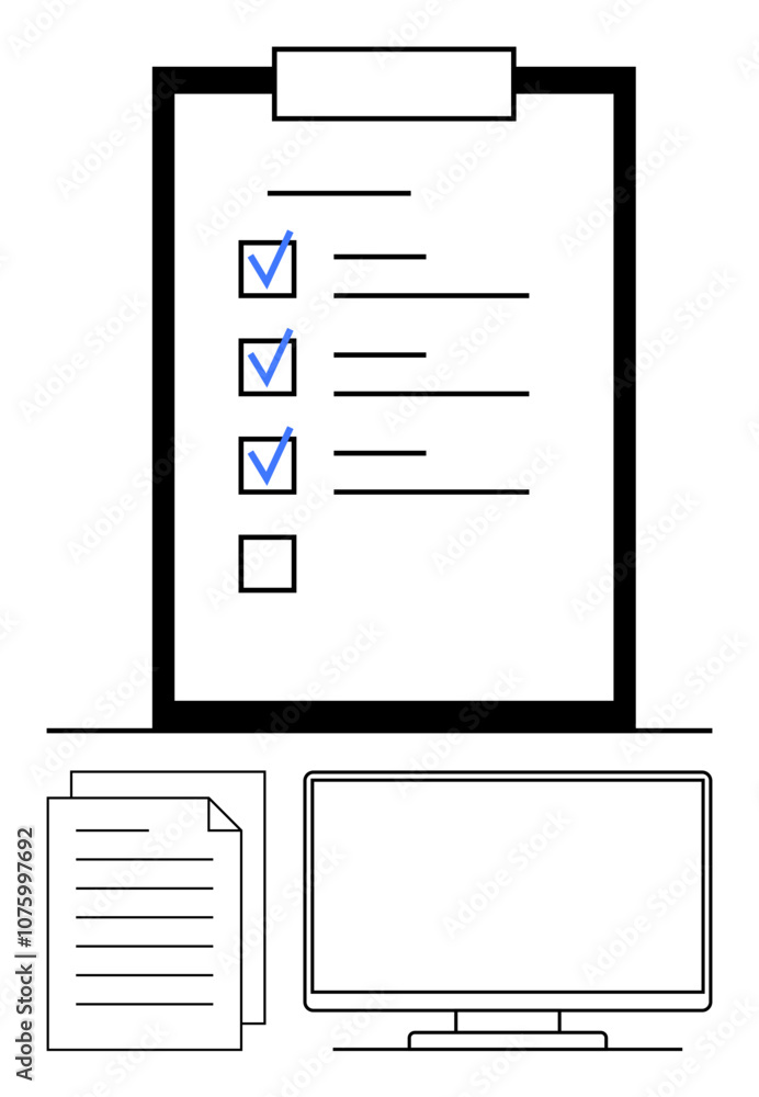 Digital checklist with marked tasks on a clipboard. Accompanied by blank checkbox, document pages, and computer monitor. Ideal for productivity tools, task management, office jobs, organization, goal Digital checklist with marked tasks on a clipboard. Accompanied by blank checkbox, document pages, and computer monitor. Ideal for productivity tools, task management, office jobs, organization, goal