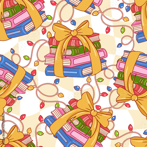 Colorful Book Pattern with Gift Wrapping and Festive Lights