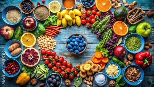 Nutritious Nibbles in a Blue Circle Design - Healthy Snacks, Colorful Food Arrangement, Vegan Treats, Nutrient-Rich Bites, Healthy Eating Inspiration, Delicious Appetizers, Wellness Snacks