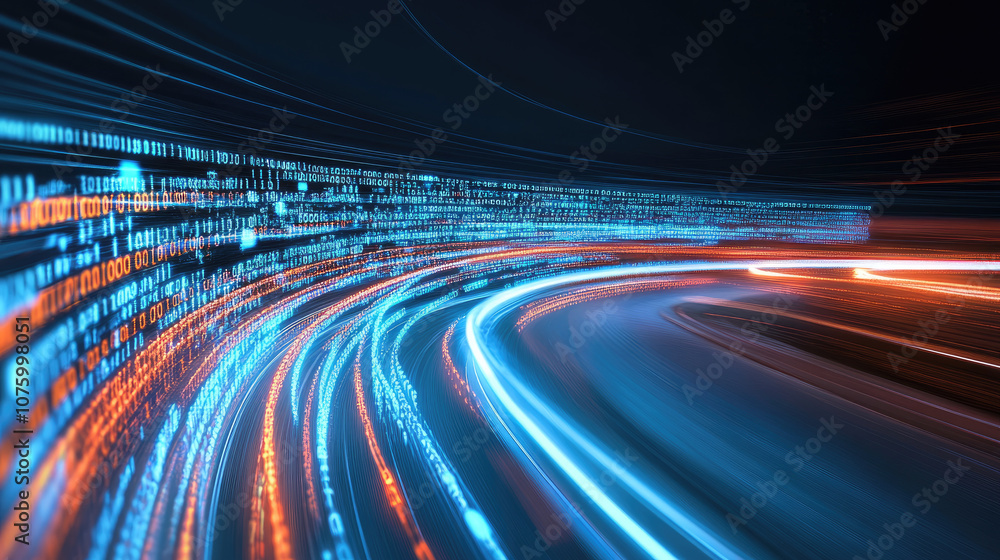Dynamic digital data stream on a highway, vibrant lights and motion blur conveying speed and connectivity Dynamic digital data stream on a highway, vibrant lights and motion blur conveying speed and connectivity