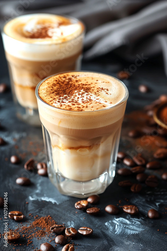  Beautiful top view of coffee with milk foam in transparent glass on dark background