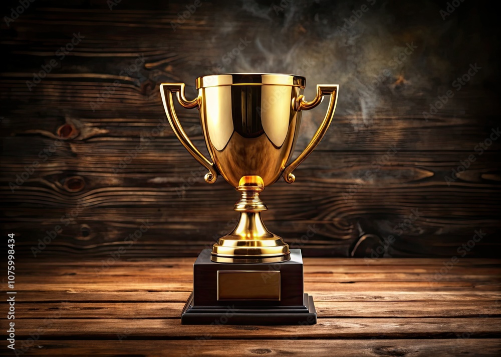Gleaming Gold Trophy Cup on Wooden Table - Symbol of Achievement and Victory in Competition, Dark Background, Copy Space for Text Gleaming Gold Trophy Cup on Wooden Table - Symbol of Achievement and Victory in Competition, Dark Background, Copy Space for Text