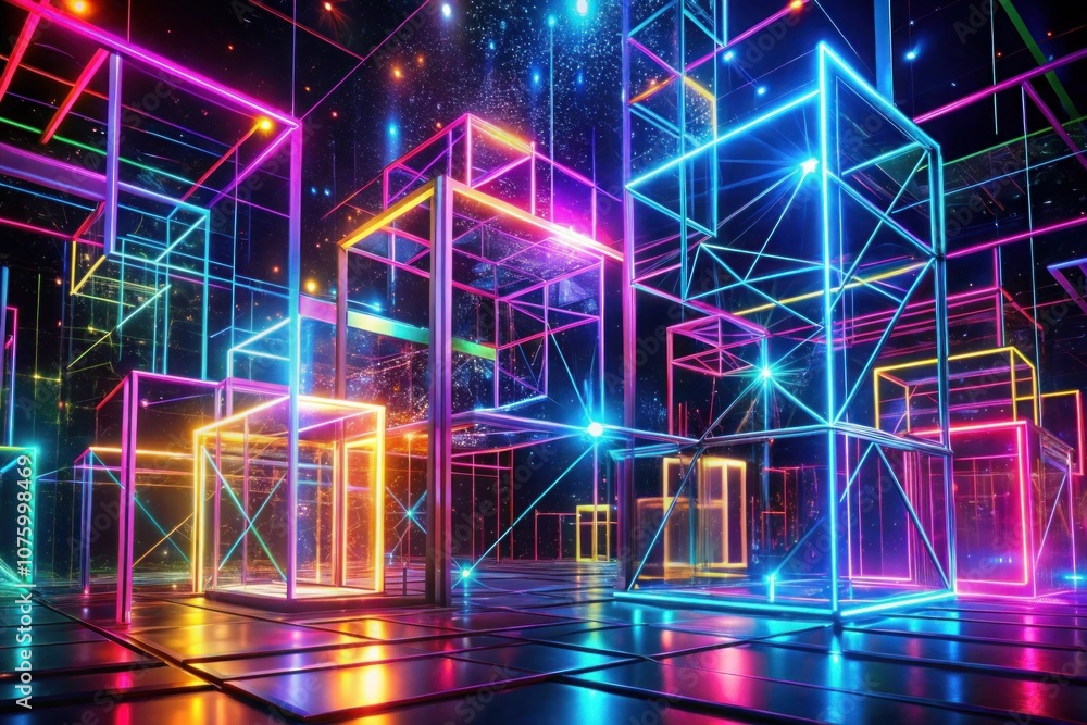 3d render, abstract red blue neon background. Glowing linear volumetric cube in the middle of the city street, under the starry night sky. Digital futuristic wallpaper 3d render, abstract red blue neon background. Glowing linear volumetric cube in the middle of the city street, under the starry night sky. Digital futuristic wallpaper