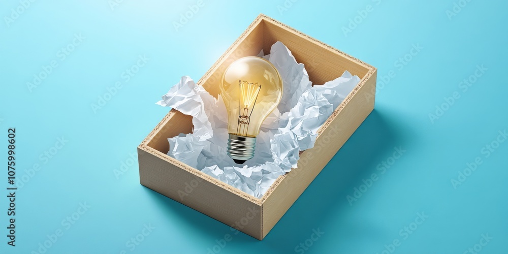Fototapeta premium Innovative concept: Broken light bulb in wooden box surrounded by crumpled paper on turquoise background, symbolizing creativity.