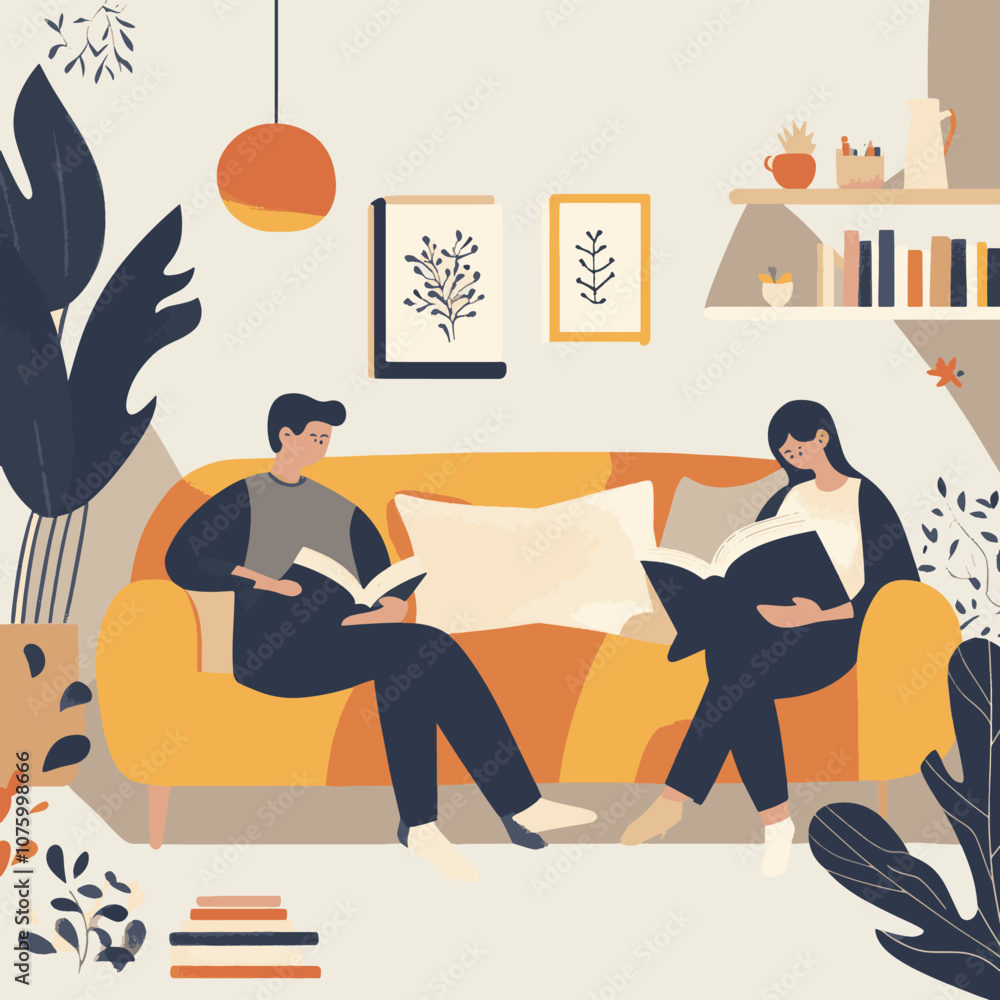 Couple Relaxing on a Sofa, Reading Books Together Couple Relaxing on a Sofa, Reading Books Together
