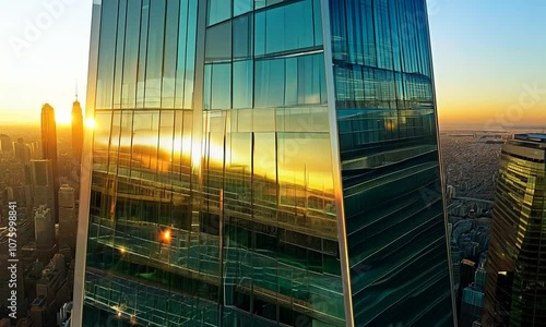 Aerial close-up shot of skyscraper windows at sunset, with reflections of the bustling city below, dramatic shadows and golden lighting