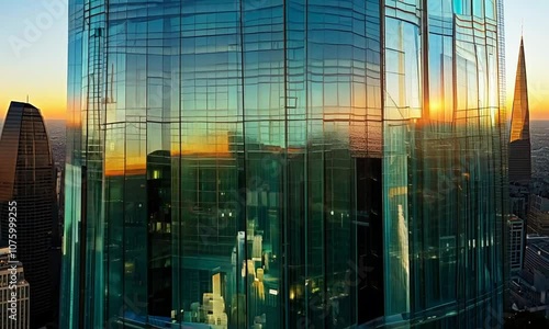 Aerial close-up shot of skyscraper windows at sunset, with reflections of the bustling city below, dramatic shadows and golden lighting
