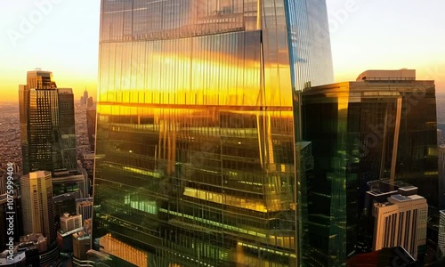 Aerial close-up shot of skyscraper windows at sunset, with reflections of the bustling city below, dramatic shadows and golden lighting