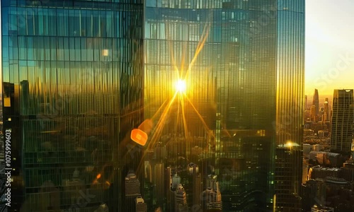 Aerial close-up shot of skyscraper windows at sunset, with reflections of the bustling city below, dramatic shadows and golden lighting