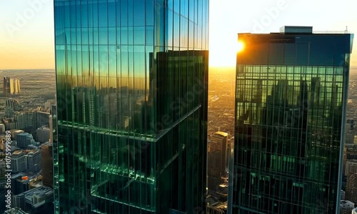 Aerial close-up shot of skyscraper windows at sunset, with reflections of the bustling city below, dramatic shadows and golden lighting