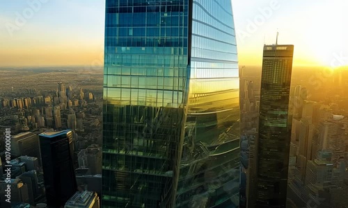 Aerial close-up shot of skyscraper windows at sunset, with reflections of the bustling city below, dramatic shadows and golden lighting