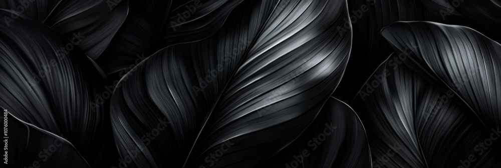 Dark Wavy Leaves in Close-Up Arrangement, Creating Depth and Texture on Black Background - Mysterious and Intriguing Atmosphere. Dark Wavy Leaves in Close-Up Arrangement, Creating Depth and Texture on Black Background - Mysterious and Intriguing Atmosphere.