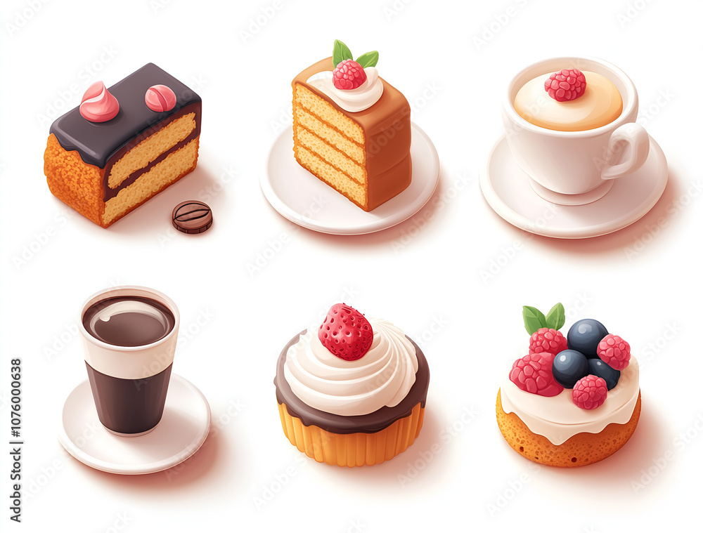 set of cute cartoon coffee and cake icons, 3D icon design with a white background, isometric view angle set of cute cartoon coffee and cake icons, 3D icon design with a white background, isometric view angle