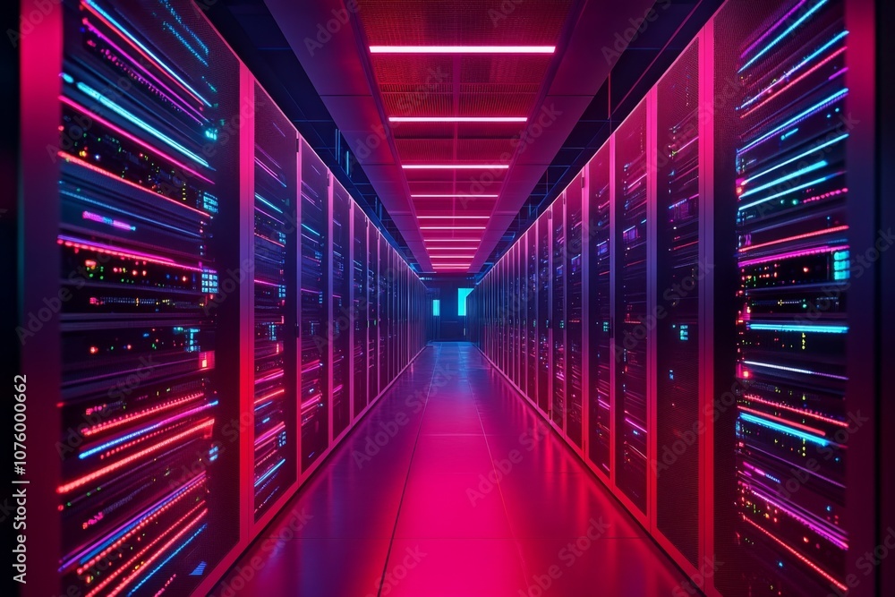 Fototapeta premium Futuristic Data Center Corridor with Colorful Servers in Neat Order on Concrete Floor, High Ceiling Lights.