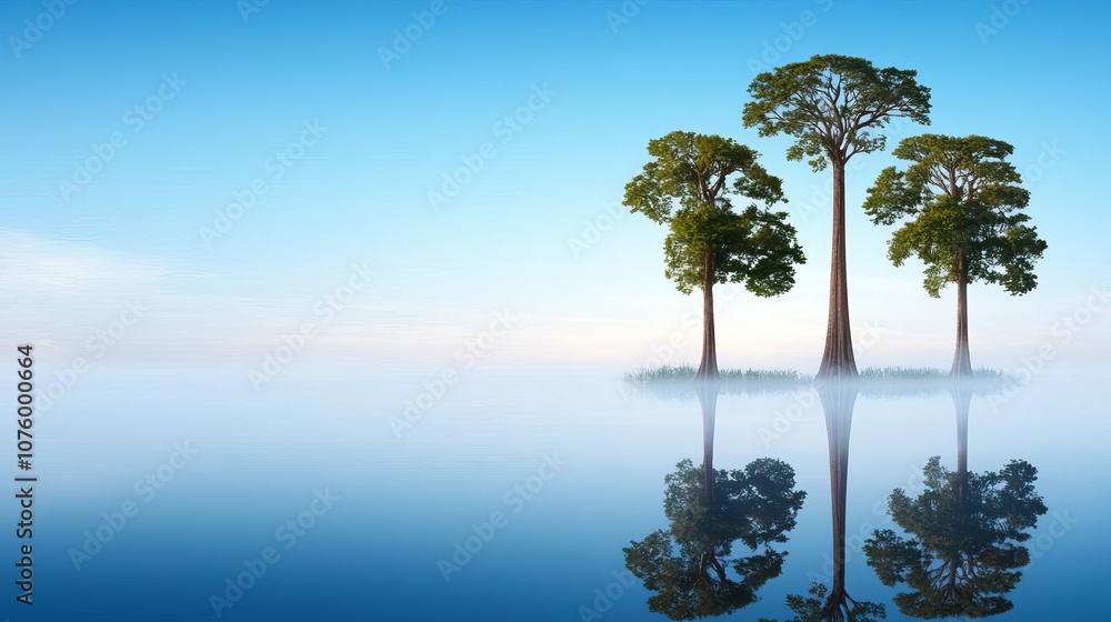 Tranquil pond reflecting towering trees and mist in a dense forest, creating a sense of stillness and depth in the peaceful early morning light Tranquil pond reflecting towering trees and mist in a dense forest, creating a sense of stillness and depth in the peaceful early morning light