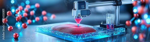 3D bioprinter building artificial skin, glowing red and blue bio-ink details, balanced background lighting, representing regenerative technology for medicine