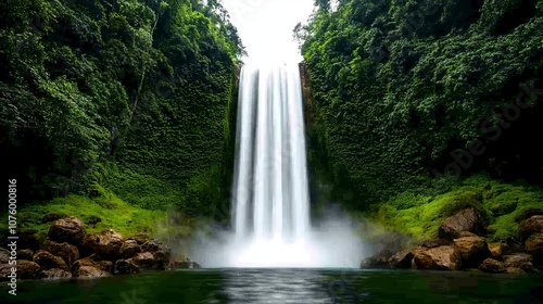 A breathtaking waterfall cascades down lush green cliffs, surrounded by dense foliage. The tranquil scene invites relaxation and appreciation of nature's beauty.