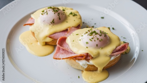 Classic Eggs Benedict Breakfast on White Plate with Hollandaise Sauce