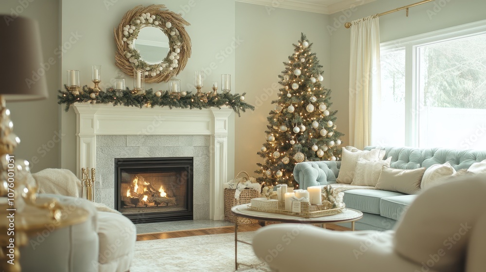 Elegant Christmas Living Room with Fireplace Decorated Tree and Festive Decor Elegant Christmas Living Room with Fireplace Decorated Tree and Festive Decor