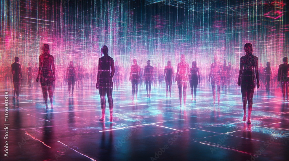 Woman Standing in Vibrant Digital Space Woman Standing in Vibrant Digital Space