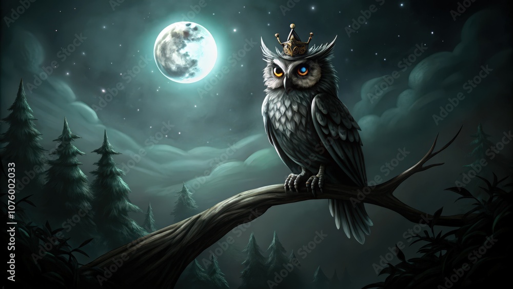 A Regal Owl Perched on a Branch Under a Full Moon A Regal Owl Perched on a Branch Under a Full Moon