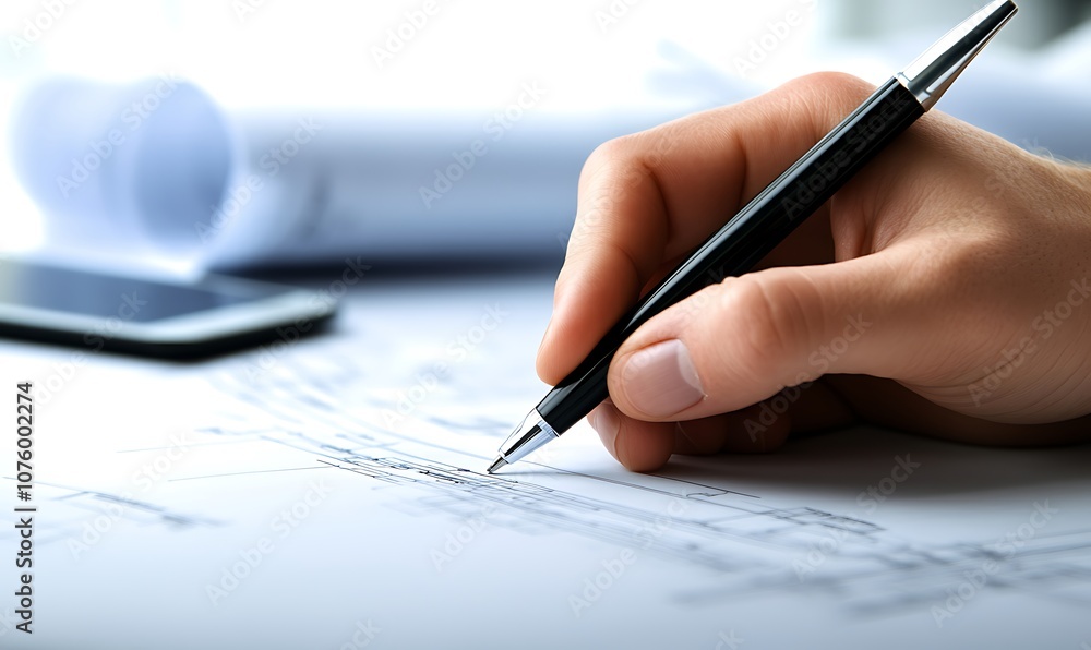 A hand holding a pen writes on a sheet of paper, with a smartphone and rolled documents in the background, illustrating creativity and productivity. A hand holding a pen writes on a sheet of paper, with a smartphone and rolled documents in the background, illustrating creativity and productivity.