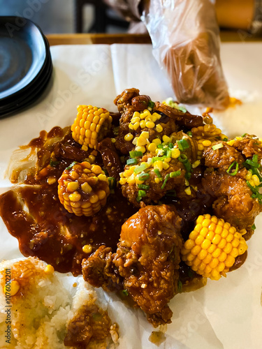 Crispy chicken with sweet corn. Served with Padang sauce. Crispy chicken, Sawce chicken