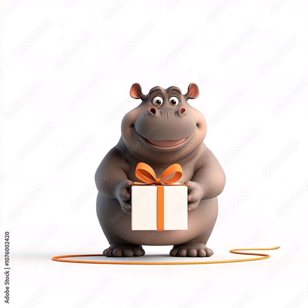 Cheerful Hippo Holding a Gift Box with a Bow Cheerful Hippo Holding a Gift Box with a Bow