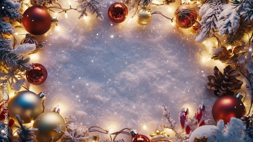 A snowy border frame with Christmas ornaments and twinkling lights. photo