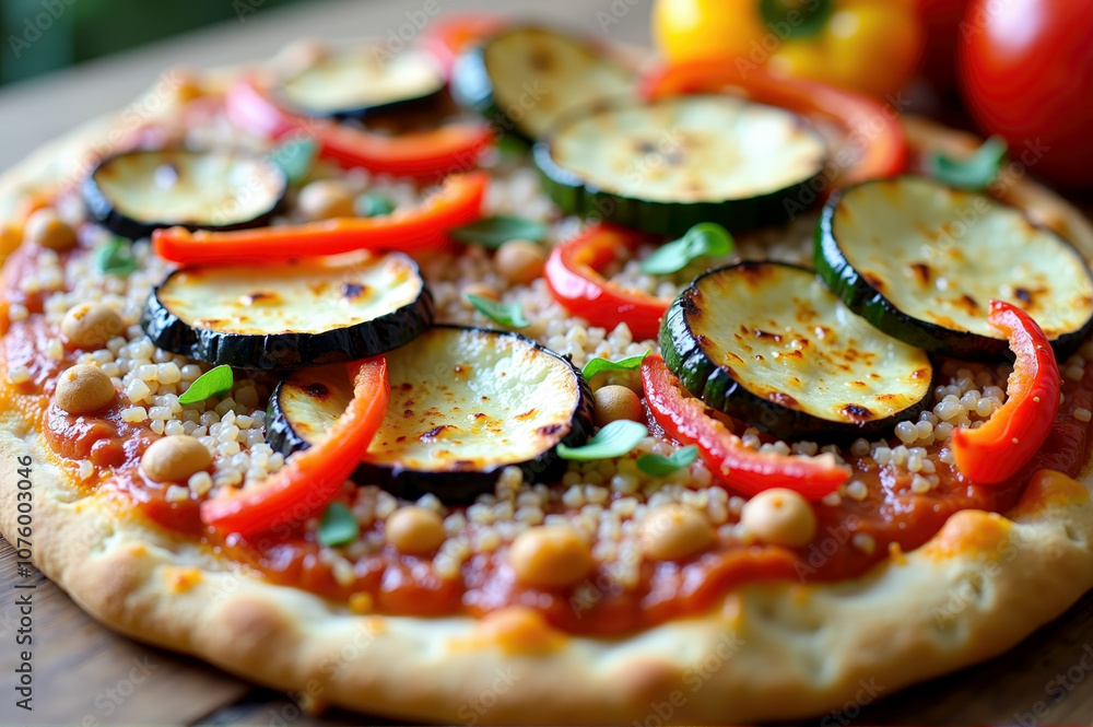 Gourmet vegetable pizza with zucchini and red peppers for a healthy meal