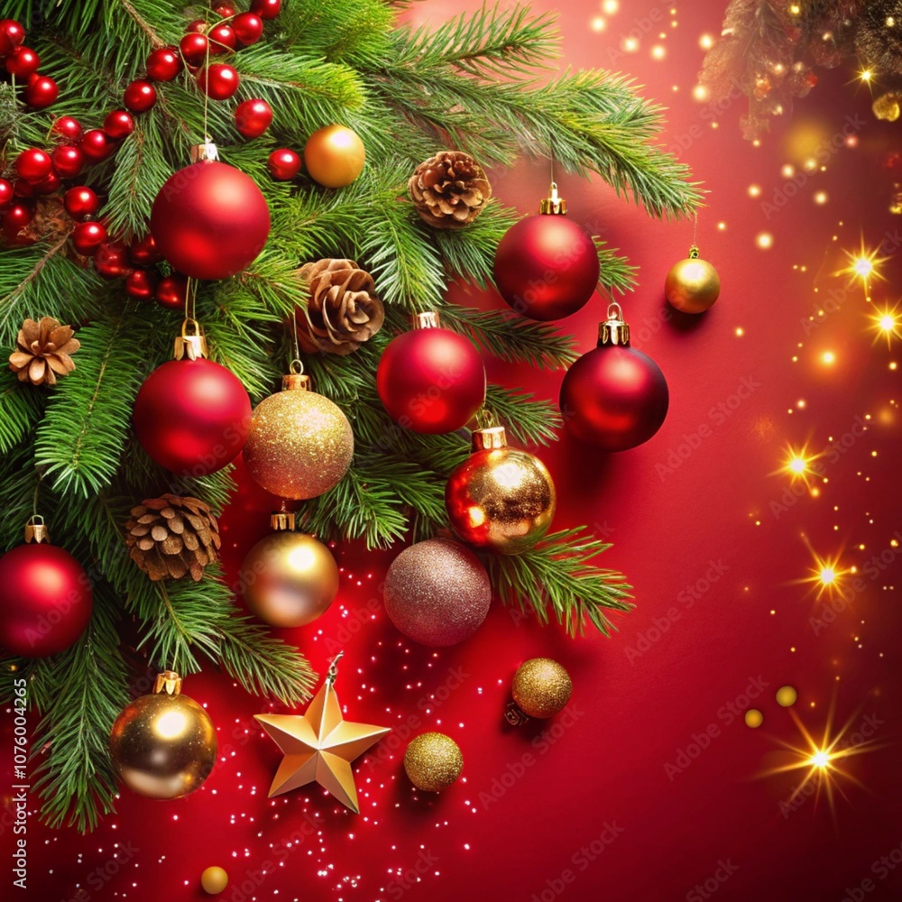 a christmas card with a red background with snowflakes and balls. a christmas card with a red background with snowflakes and balls.