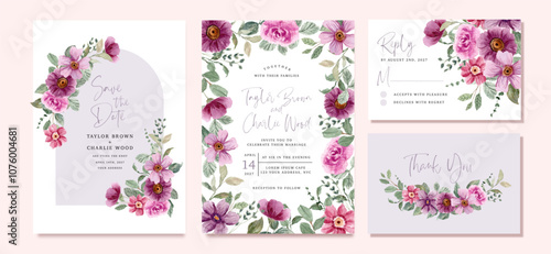 wedding invitation set with purple pink floral watercolor frame