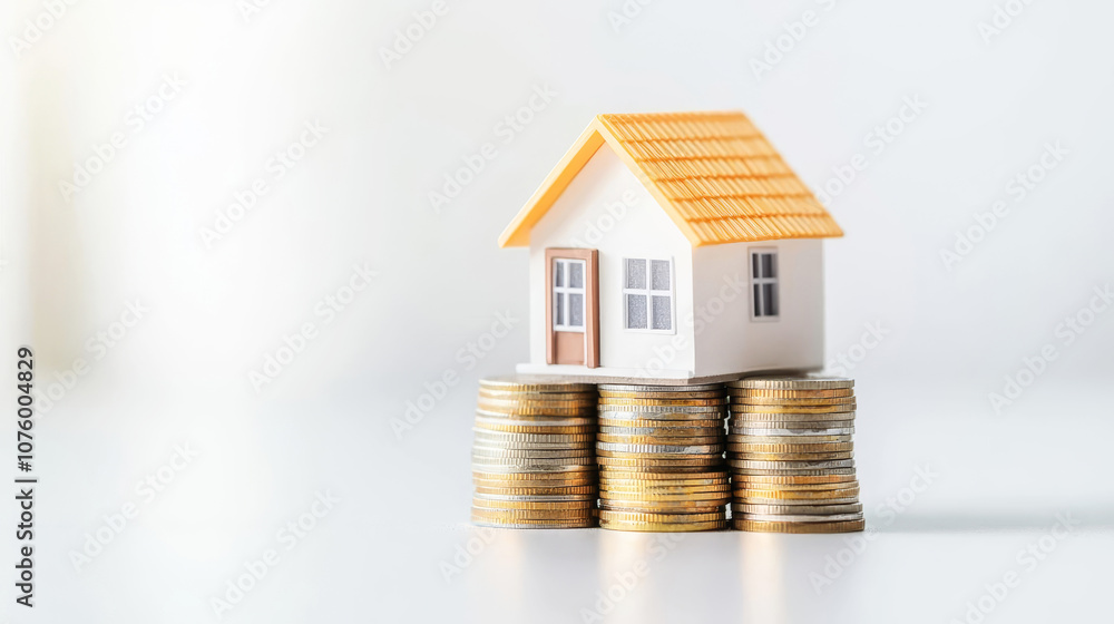 A small model house sits atop stacks of coins, symbolizing real estate investment, wealth, and financial stability. A small model house sits atop stacks of coins, symbolizing real estate investment, wealth, and financial stability.