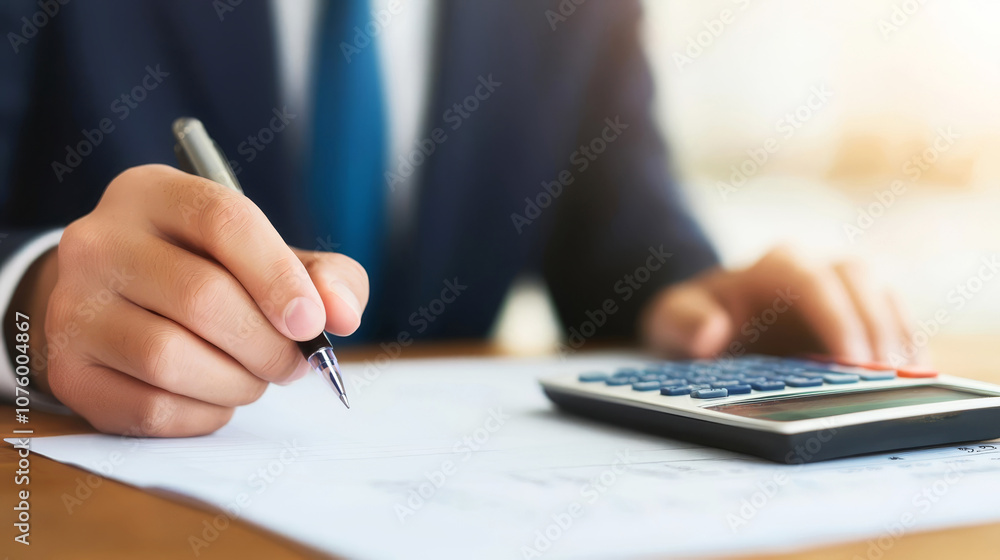 A person writing notes while using a calculator, focused on financial tasks, with a professional appearance and a bright workspace atmosphere. A person writing notes while using a calculator, focused on financial tasks, with a professional appearance and a bright workspace atmosphere.
