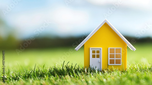 Wallpaper Mural A vibrant yellow toy house sits on lush green grass under a bright sky, symbolizing home, playfulness, and the beauty of nature. Torontodigital.ca