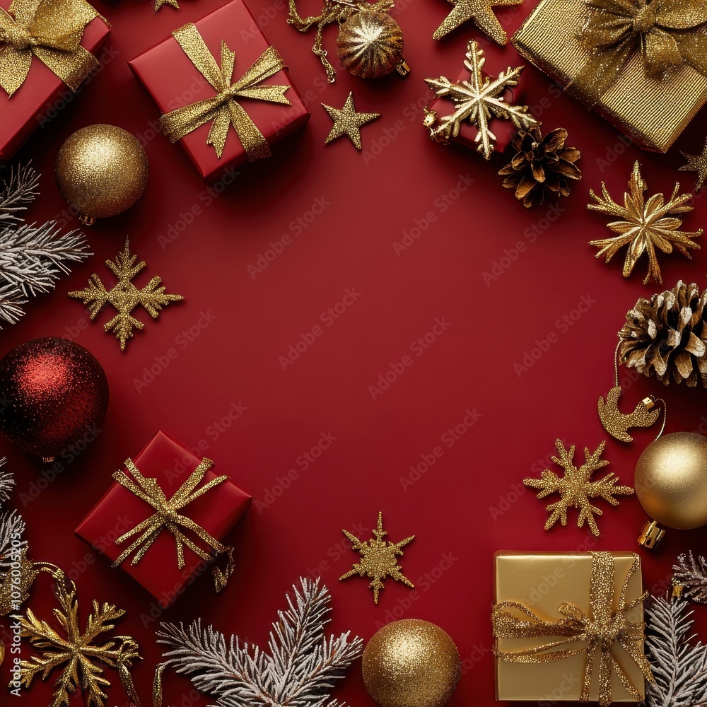 Festive Christmas decorations on red background Festive Christmas decorations on red background