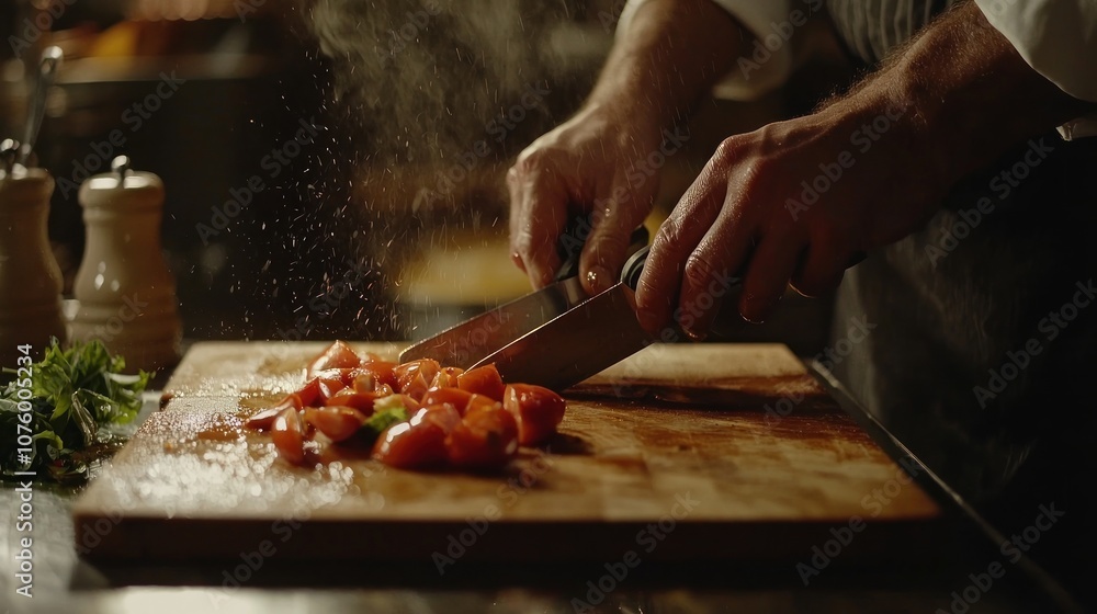 Close-up of a chef cutting vegetables on a wooden chopping board Close-up of a chef cutting vegetables on a wooden chopping board