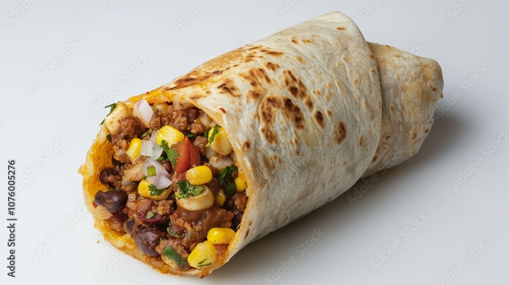 Burrito with a Variety of Fillings Against a Plain Background Burrito with a Variety of Fillings Against a Plain Background