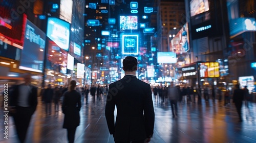 Futuristic Cyberpunk City Street with Crowded People