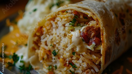 Burrito Filled with Rice, Beans, Meat, and Cheese photo