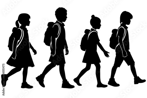 Kid student black silhouette, school children silhouette, kids back to school silhouette, vector illustration.