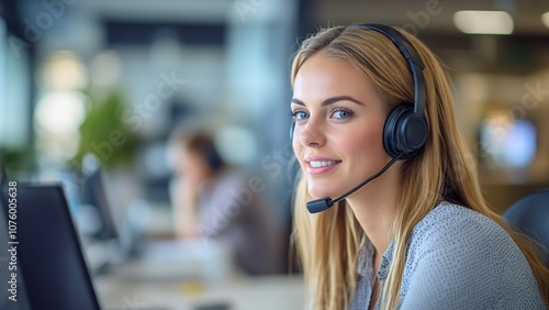 A Portrait Mid Range Shot of Female customer service representative in a sleek office, wearing a headset and assisting clients over the phone. photo