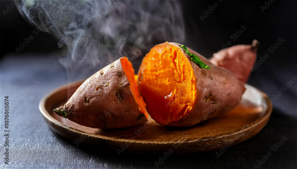 Fototapeta premium A high-quality picture of a steaming sweet potato cooked deliciously