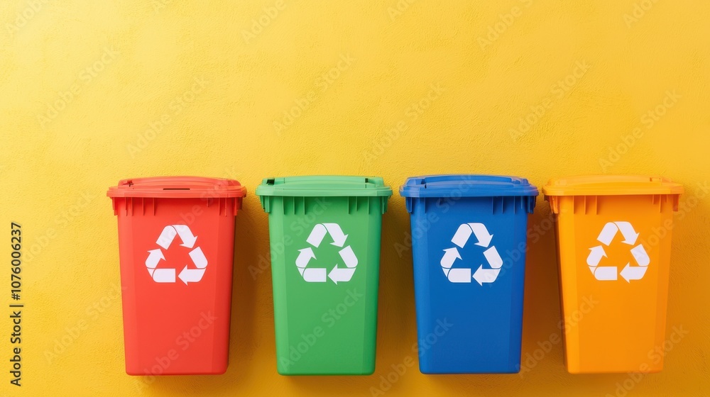 Colorful recycling bins in front of a bright yellow wall promote eco-friendly waste separation and sustainability. Colorful recycling bins in front of a bright yellow wall promote eco-friendly waste separation and sustainability.