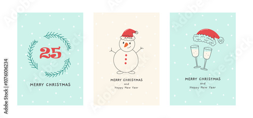 Set of Christmas and New Year cards with funny illustrations. Hand drawn