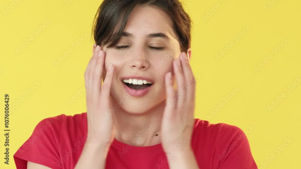 Excited expression. New idea. Happy girl in red signaling with gestures pointing finger at copy space isolated on yellow background. Excited expression. New idea. Happy girl in red signaling with gestures pointing finger at copy space isolated on yellow background.