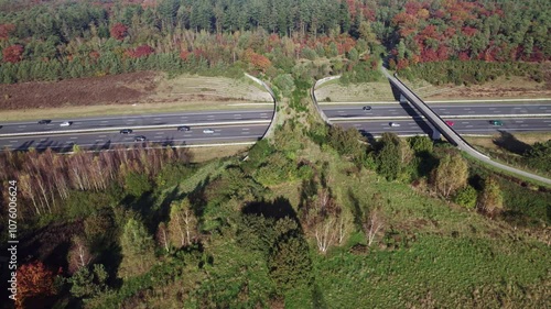 Aerial pan showing motorway and wildlife crossing ecoduct De Borkeld forming a safe natural corridor bridge for animals to migrate in forest with bike path bridge to the side photo