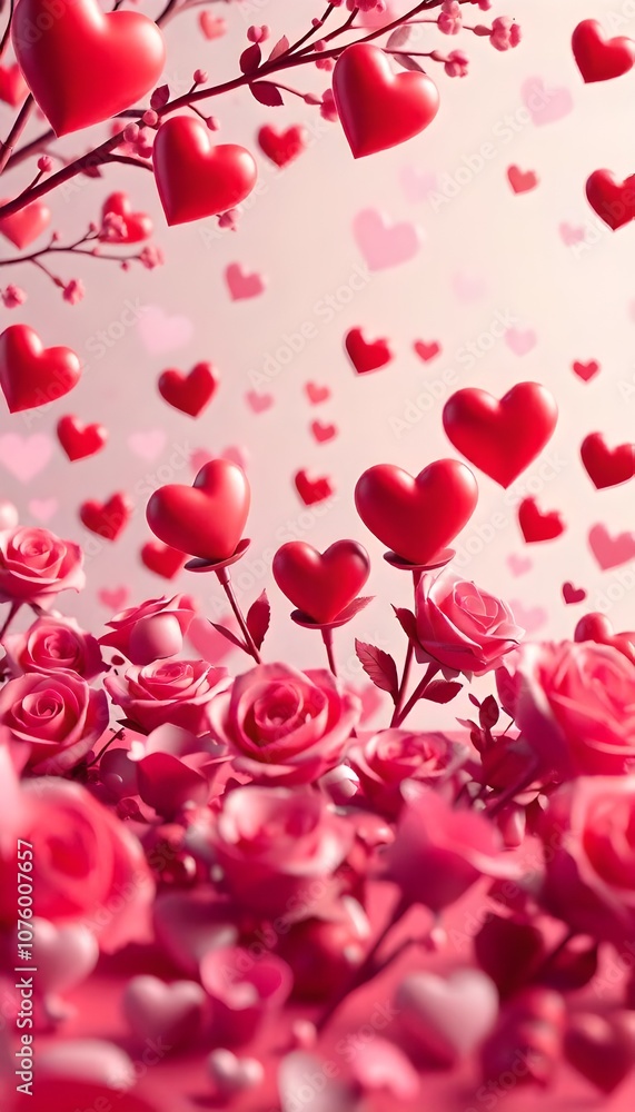 Valentine’s Day background featuring red and pink hearts, roses, and love-themed icons with a gradient backdrop. Valentine’s Day background featuring red and pink hearts, roses, and love-themed icons with a gradient backdrop.